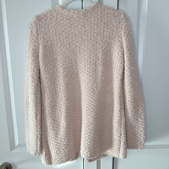ADRIANNA PAPELL Blush Pink Open Front Clasp Fuzzy Knit Cardigan Sweater | Large - Picture 3 of 9